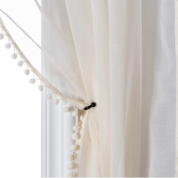 NWT Sheer Ivory curtain panels with pom pom trim - set of 2 - Picture 1 of 13